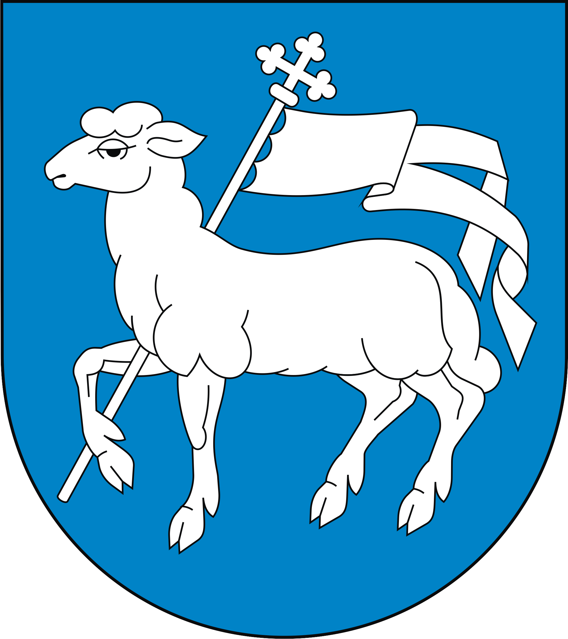 Herb Gminy Latowicz – biała owca z chorągwią na niebieskim tle